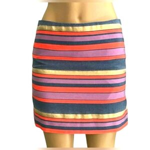 J. Crew Vibrant Striped Metallic Gold Coral Orange Mini Skirt Lined Purple Blue